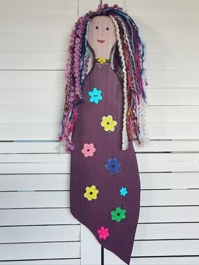 Wooden Wall Hanging with Colorful Yarn Hair